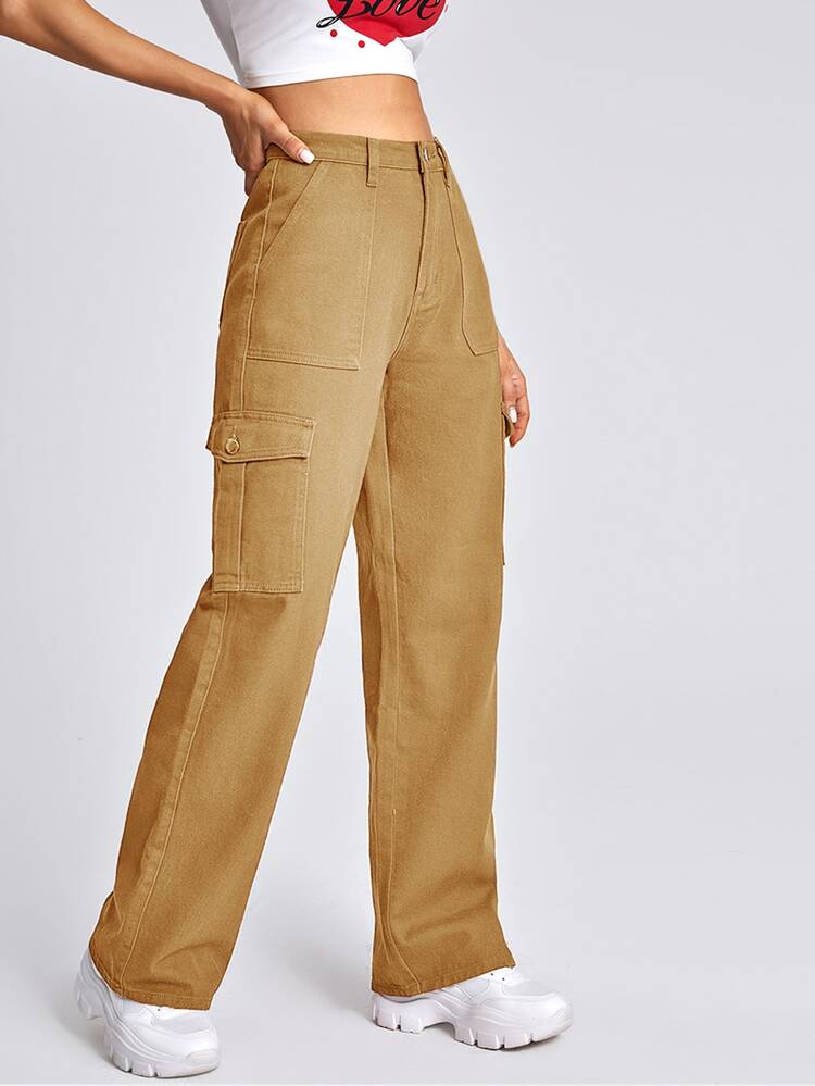 Flap Pocket Side Cargo Denim Jeans - Khaki - View 4