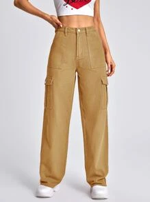 Jeans con bolsillo lateral con solapa cargo mezclilla - Caqui - Ver 5