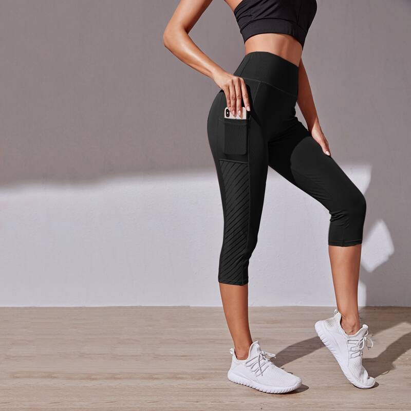 

Wideband Waist Capris Sports Leggings With Phone Pocket, Black