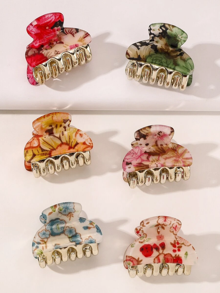 6pcs Random Color Ditsy Floral Pattern Mini Hair Claw Clip Street Tiaras Valentine's Day Valentines Hair Clips Hair Jaw Clip Hair Clamps Hair Clutch Hair Catcher Clip, School Stuff, College Fall Winter Hair Accessories For Women For Vacation Outfits Woman - Multicolor - View 1