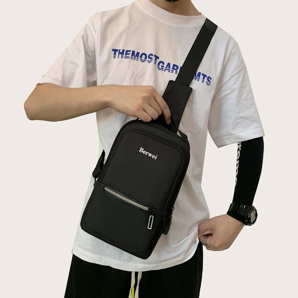 

Men Letter Graphic Sling Bag, Black