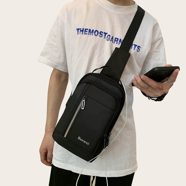 

Men Letter Graphic Zip Front Sling Bag, Black