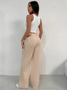 Lunelith SHEIN Lunessa Solid Cut Out Waist Wide Leg Trousers - Apricot - View 2