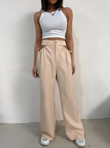 Lunelith SHEIN Lunessa Solid Cut Out Waist Wide Leg Trousers - Apricot - View 4