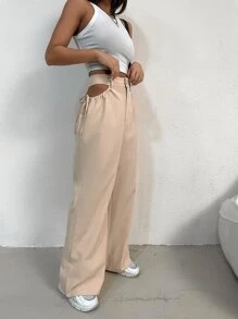 Lunelith SHEIN Lunessa Solid Cut Out Waist Wide Leg Trousers - Apricot - View 5