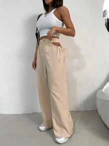 Lunelith SHEIN Lunessa Solid Cut Out Waist Wide Leg Trousers - Apricot - View 6