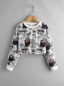 SHEIN Tween Girl Newspaper & Butterfly Print Drop Shoulder Sweatshirt - Black and White - View 1