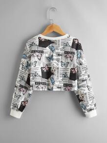 SHEIN Tween Girl Newspaper & Butterfly Print Drop Shoulder Sweatshirt - Black and White - View 2