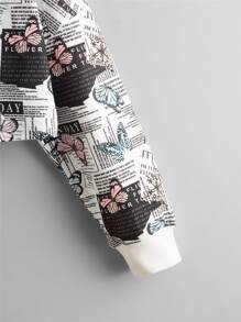 SHEIN Tween Girl Newspaper & Butterfly Print Drop Shoulder Sweatshirt - Black and White - View 3