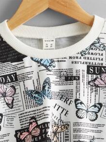 SHEIN Tween Girl Newspaper & Butterfly Print Drop Shoulder Sweatshirt - Black and White - View 4