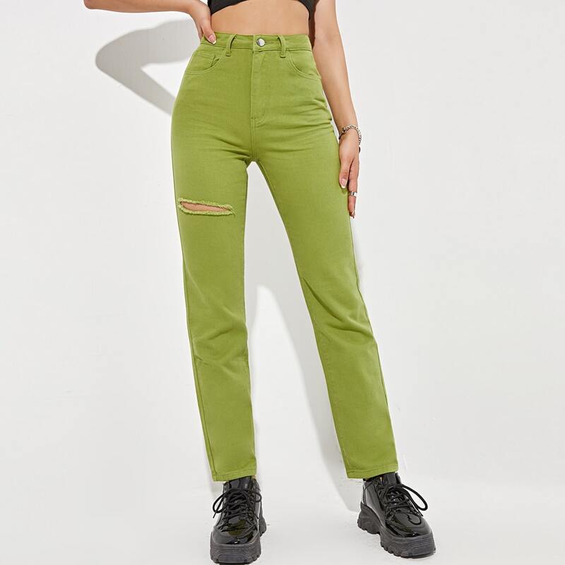 

Solid Ripped Denim Jeans, Lime green