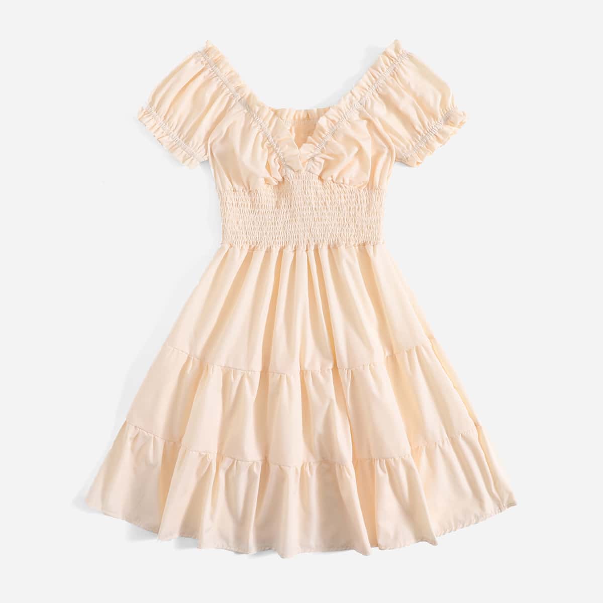 

Solid Shirred Frill Dress, Apricot