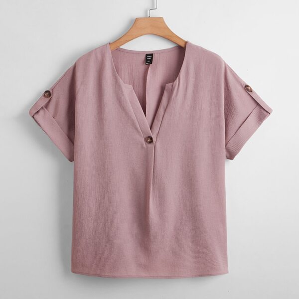 

Plus Solid Notch Neck Buttoned Blouse, Dusty pink