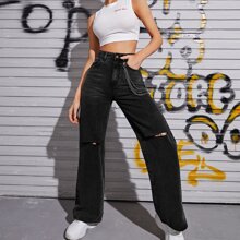 High Waisted Knee Ripped Button Fly Jeans