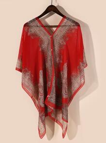 Faux Pearl Chi tiết Khăn quàng in hoa - Đỏ - Xem 1