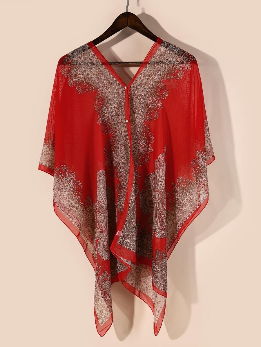 Faux Pearl Chi tiết Khăn quàng in hoa - Đỏ - Xem 1