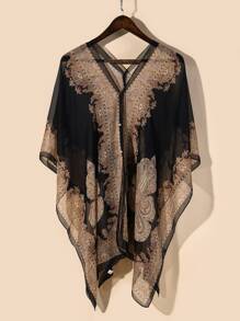 Faux Pearl Chi tiết Khăn quàng in hoa - màu đen - Xem 1