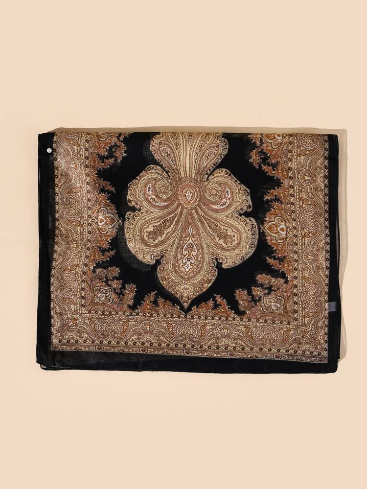 Faux Pearl Chi tiết Khăn quàng in hoa - màu đen - Xem 2