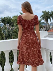 SHEIN VCAY 小碎花領結荷葉邊下擺洋裝 - 棕色 - 查看 2