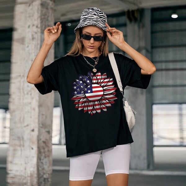 

American Flag And Sunflower Print Oversized Tee, Black