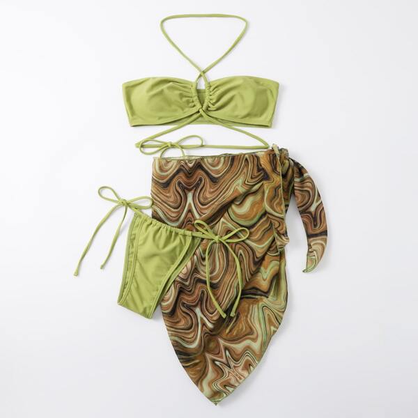

3pack Criss Cross Tie Side Bikini Swimsuit & Beach Skirt, Multicolor