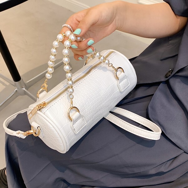 

Faux Pearl Handle Croc Embossed Satchel Bag, White
