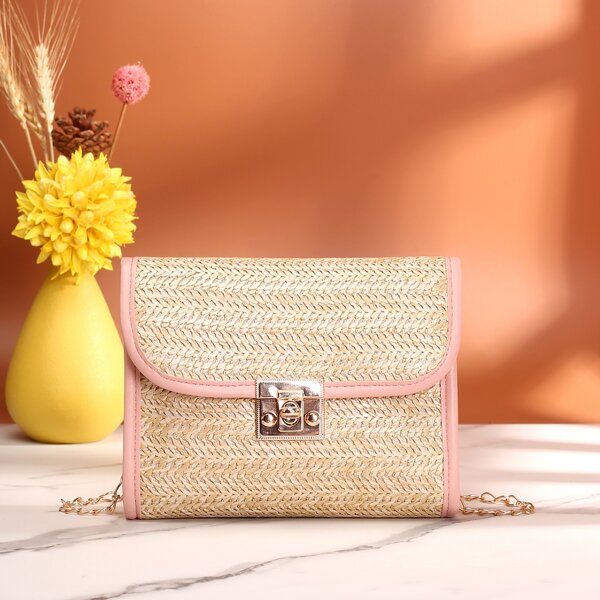 

Two Tone Horsebit Straw Bag, Beige