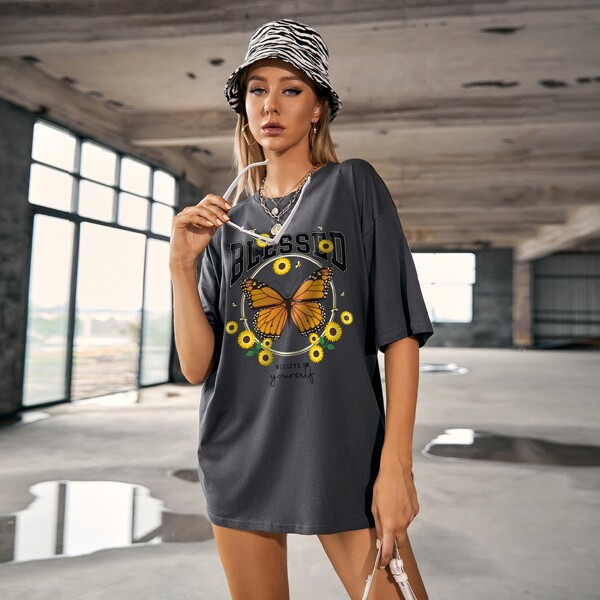 

Butterfly And Slogan Graphic Drop Shoulder Oversized Tee, Dark grey