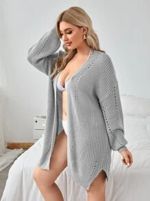 SHEIN LUNE Plus Ribbed Knit Drop Shoulder Cardigan - Grey - View 3
