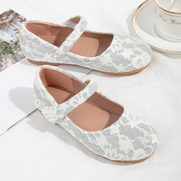 

Girls Floral Lace Velcro Strap Flats, Silver