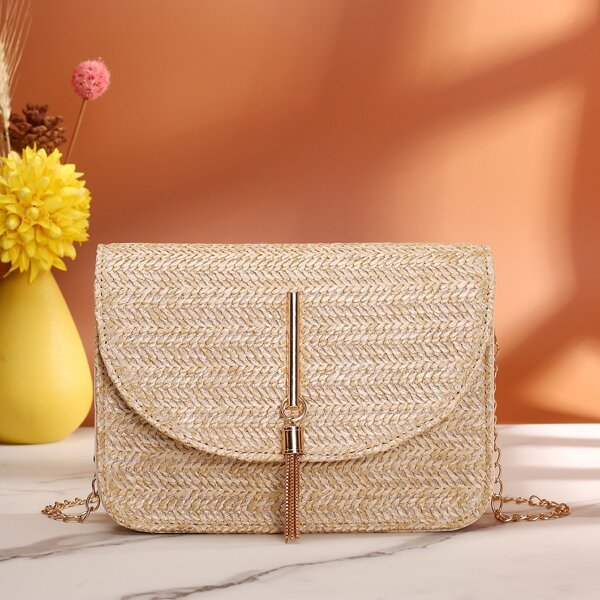 

Tassel Decor Flap Chain Straw Bag, Beige