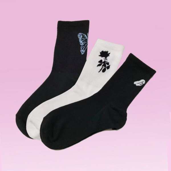 

3pairs Flower & Butterfly Print Crew Socks, Multicolor