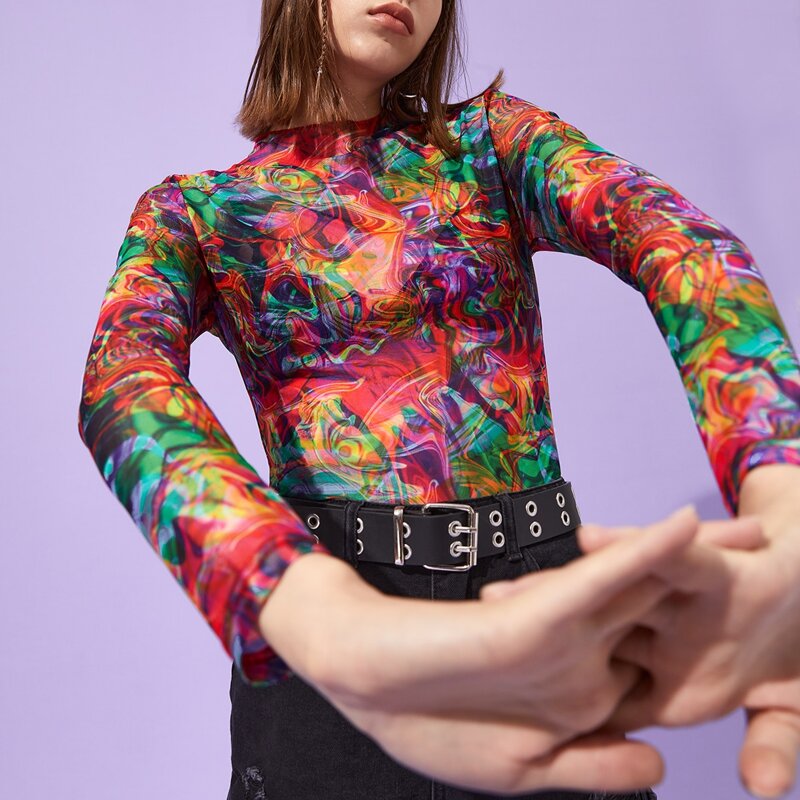 

Graphic Print Sheer Mesh Top, Multicolor