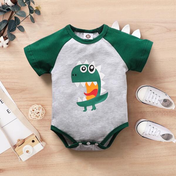 

Baby Boy 3D Patched Design Dinosaur Print Bodysuit, Grey