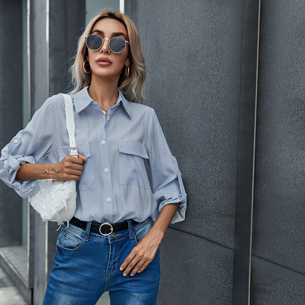 

Solid Dual Pocket Roll Up Sleeve Blouse, Dusty blue