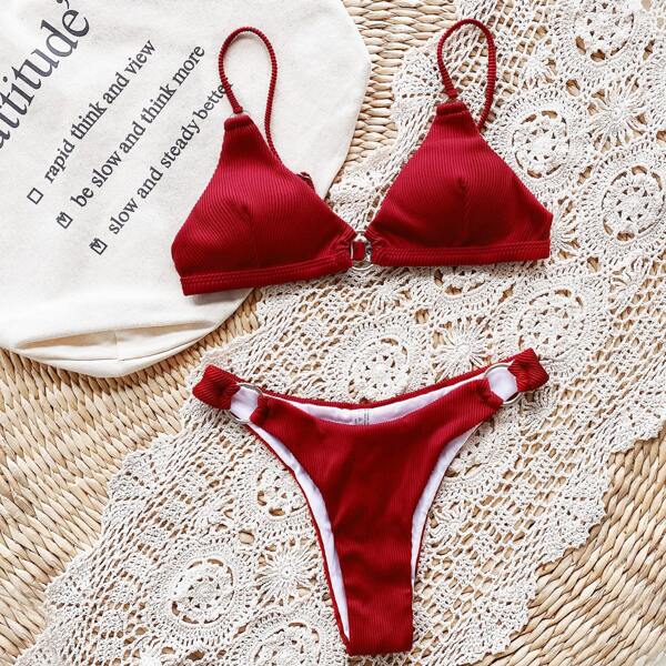

Rib Ring Linked Bikini Swimsuit, Red