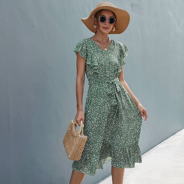 

Allover Print Ruffle Trim Belted Dress, Mint green