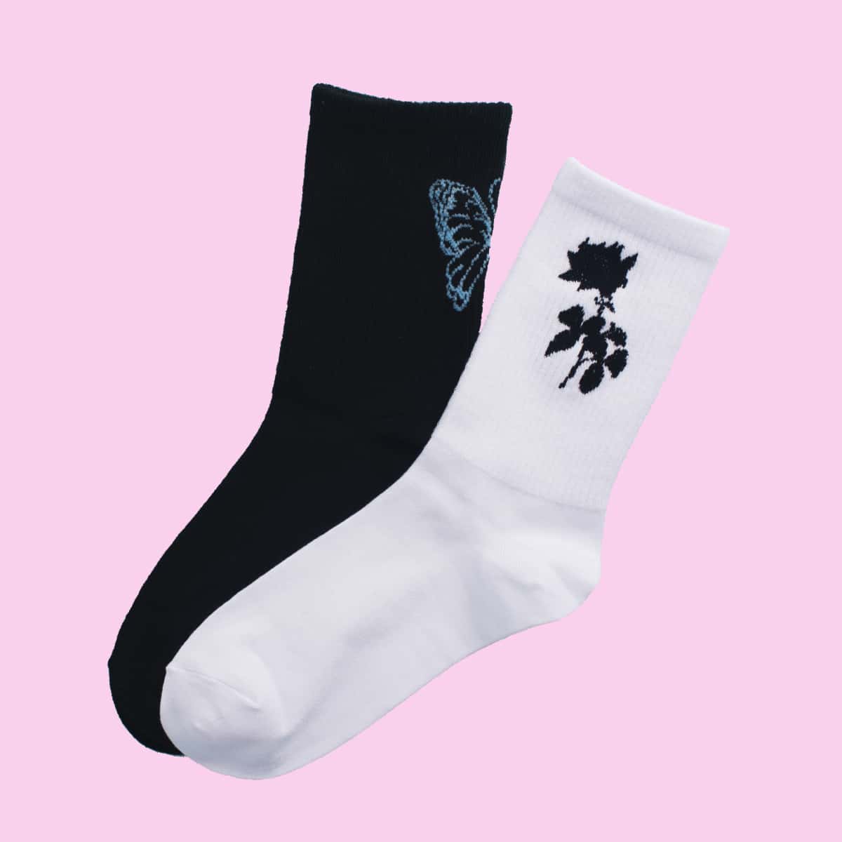 

2pairs Floral Print Crew Socks, Multicolor