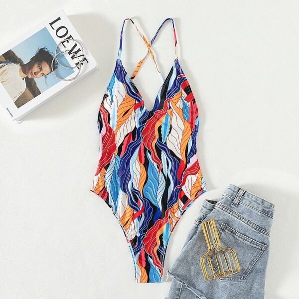 

Allover Print One Piece Swimsuit, Multicolor