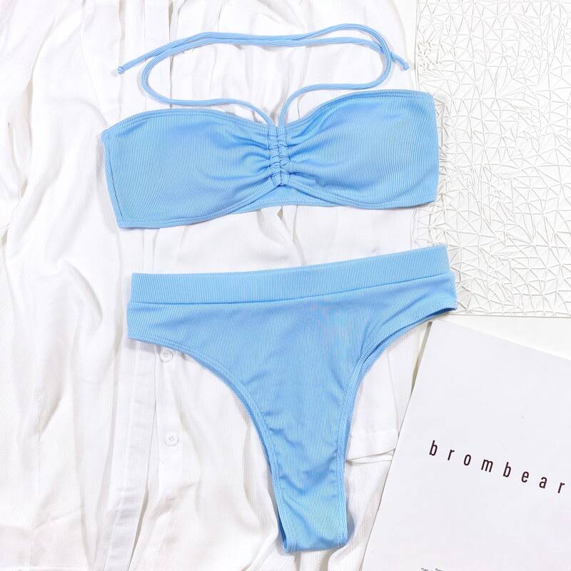 

Solid Rib High Waisted Bikini Swimsuit, Baby blue