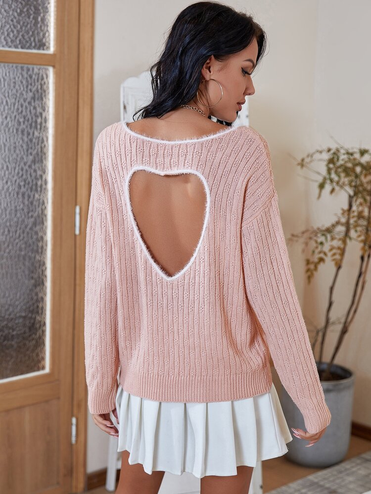 Heart Cut Out Back Scoop Neck Jumper - Coral Pink - View 2