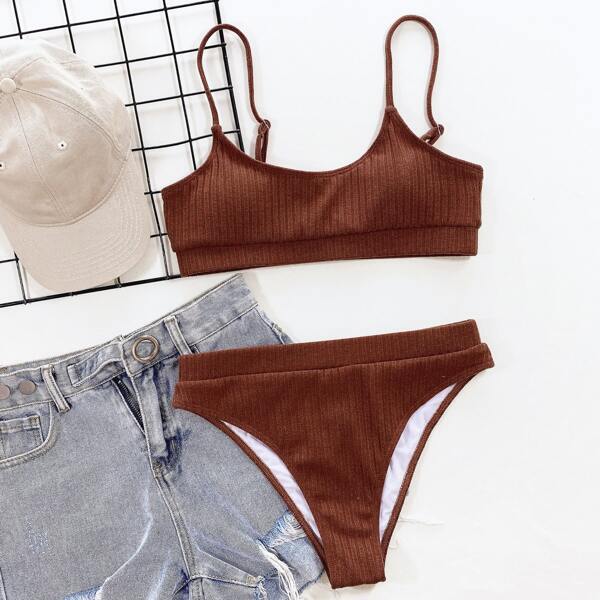 

Solid Rib Bikini Swimsuit, Coffee brown