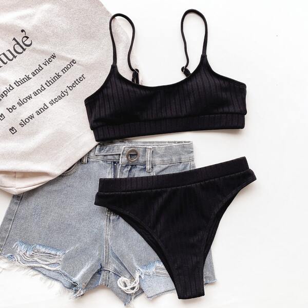 

Solid Rib Bikini Swimsuit, Black