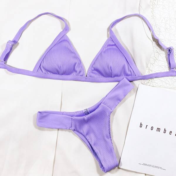 

Solid Rib High Cut Bikini Swimsuit, Violet purple