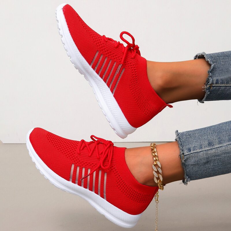 

Knit Panel Lace Up Front Running Shoes, Red