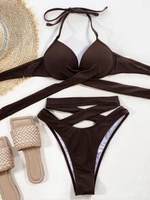 Wrap Underwire High Cut Bikini Set, For Summer Beach Vacation - Chocolate Brown - View 3