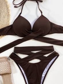 Wrap Underwire High Cut Bikini Set, For Summer Beach Vacation - Chocolate Brown - View 4