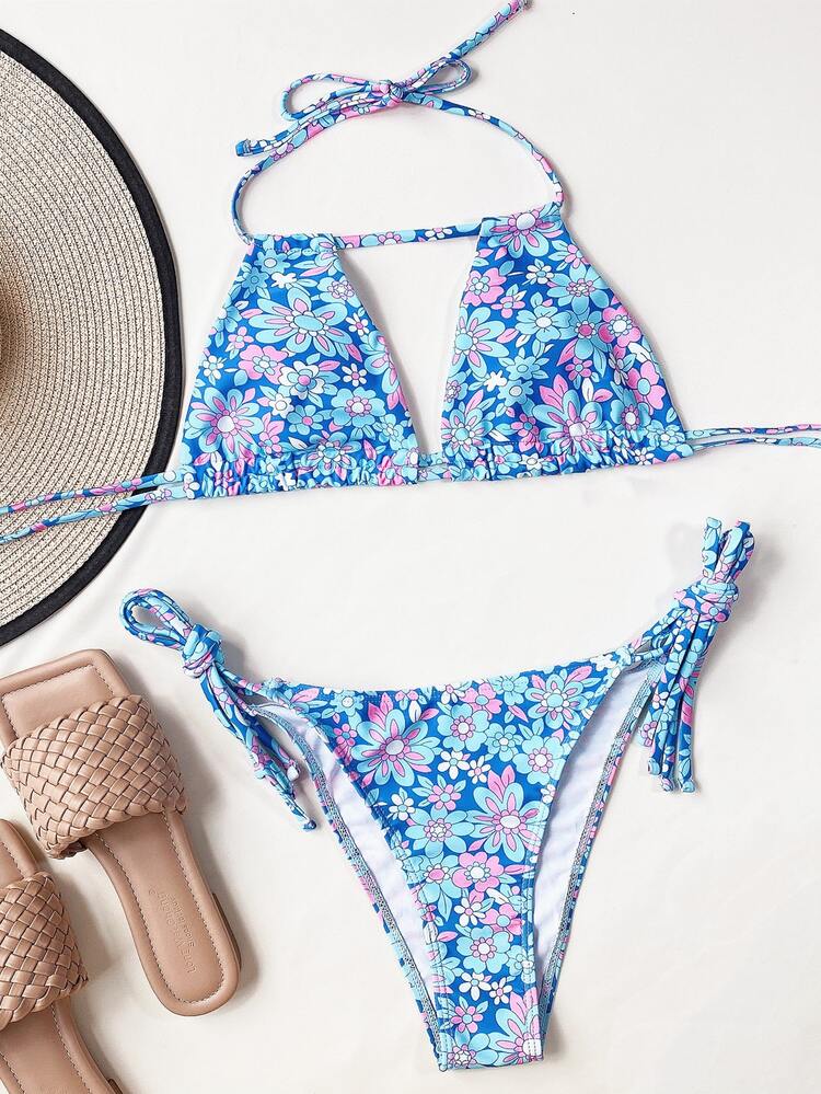 Floral Halter Tie Side Bikini Set, For Summer Beach Vacation - Multicolor - View 3