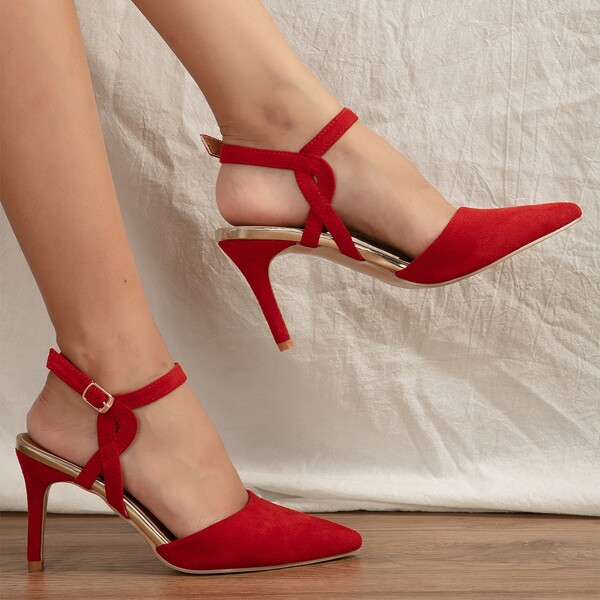 

Minimalist Ankle Strap Stiletto Heels, Red