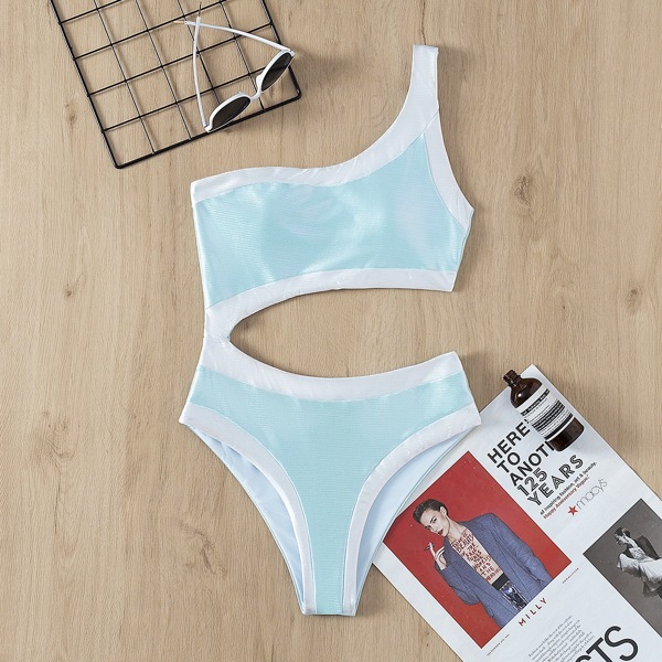 

Color Block Cut-out One Shoulder One Piece Swimsuit, Blue and white